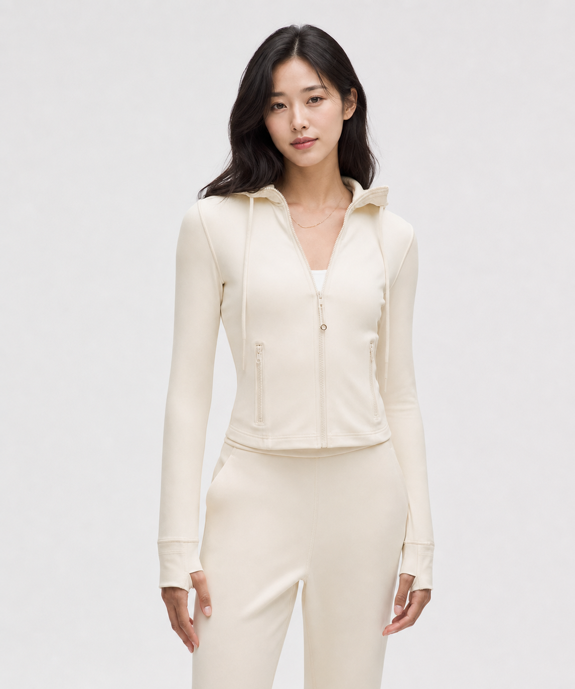 Slim cream zip-up jacket front fit